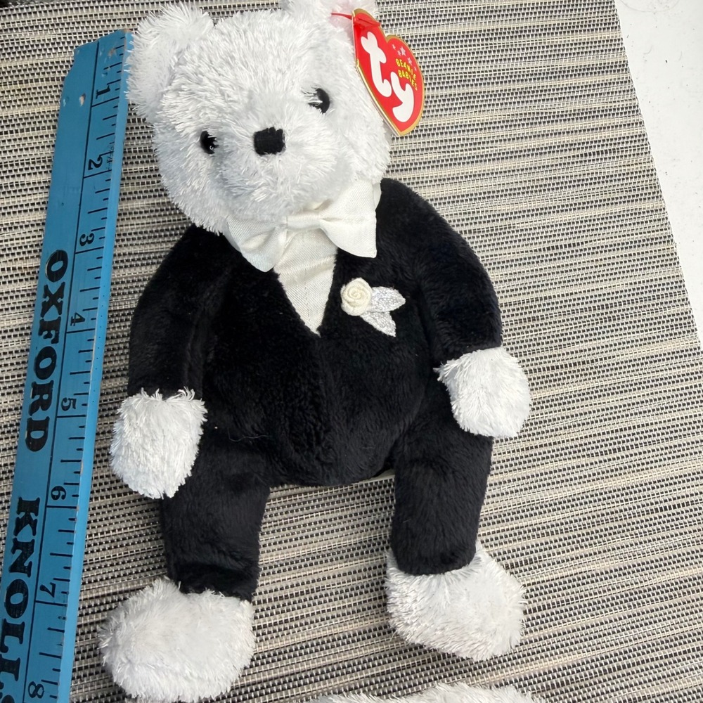 Ty Beanie Babies Bride and Groom Wedding Bear Set White Black Plush NWT 2002 - Picture 11 of 11